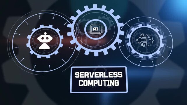 Serverless computing technology with artificial intelligence, robotic automation and glowing mechanical gears.