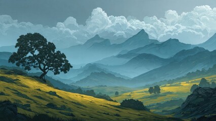Digital painting of a majestic layered mountain valley with vibrant yellow-green hills, a solitary tree in the foreground, and dramatic blue atmospheric perspective under towering clouds