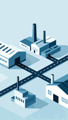 Isometric view of industrial buildings with smokestacks connected by roads