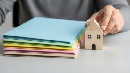 Real estate selling guide concept. Person placing a small house model beside colorful stacks of paper.