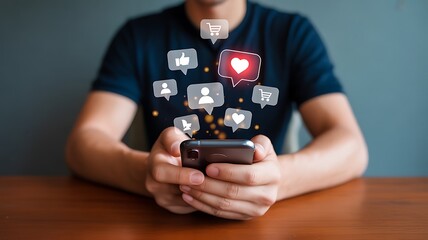 Hands holding smartphone with floating digital icons for social media engagement, likes, and online shopping