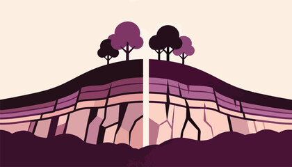 Stylized cross-section of a hill with layered earth, trees, and a crevice