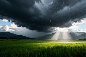 Stormy Rain Over Green Meadow with Sun Rays