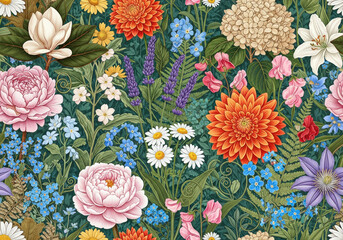 Floral wallpaper illustration with different kinds of flowers 