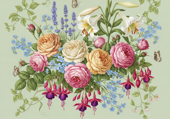 Floral wallpaper illustration with different kinds of flowers 