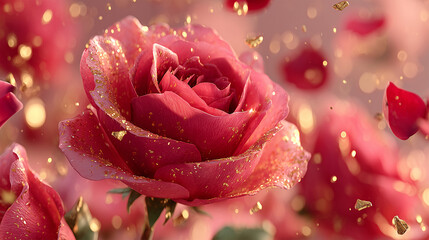 Close up of pink rose with falling golden flakes against bokeh background - ai generative