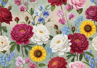 Floral wallpaper illustration with different kinds of flowers 