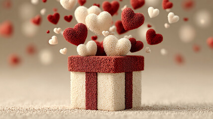 Gift box with floating hearts on top against a bokeh background - ai generative