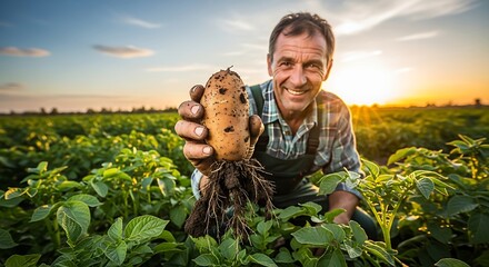 Happy Farmer Holding Potato Harvest.