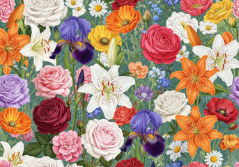 Floral wallpaper illustration with different kinds of flowers 