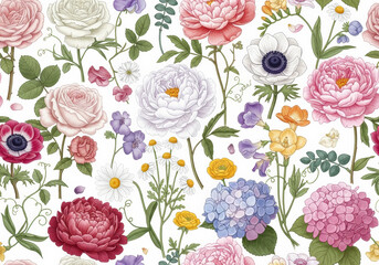 Floral wallpaper illustration with different kinds of flowers 