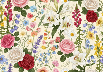 Floral wallpaper illustration with different kinds of flowers 