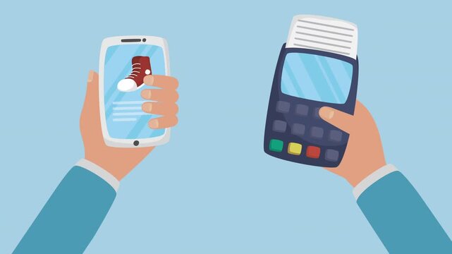 Hands Holding Smartphone and POS Terminal for Contactless Payment.