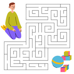 Maze game for kids. Cute line child looking for a way to the toys, ball and cubes. Printable worksheet with solution for school and preschool. Vector cartoon illustration.