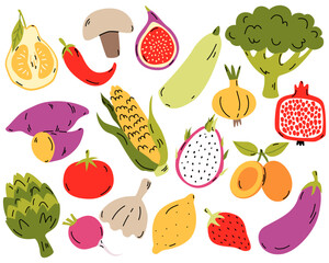 Hand drawn stickers vegetables and fruits. Modern abstract minimal style. Healthy organic food. Uglifruit, broccoli, artichoke, zucchini, eggplant, , dragonfruit, yam, figs. Vector flat illustration.