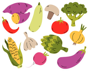 Hand drawn colorful vegetables. Modern abstract minimal style. Healthy organic food. Tomato, onion, zucchini, eggplant, yam, broccoli, corn, artichoke, radish. Vector flat illustration.
