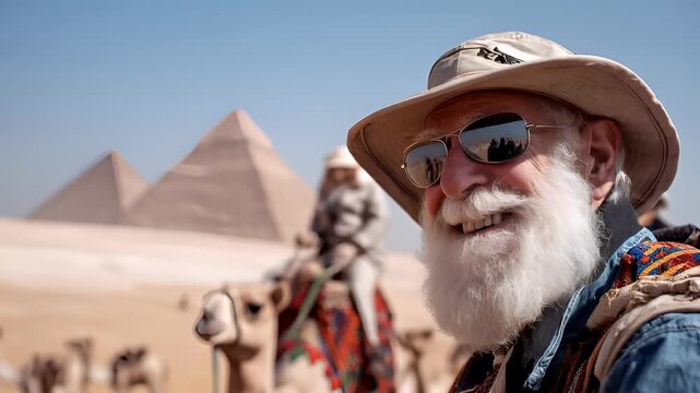 A man with a white beard and a beige hat, wearing sunglasses and a colorful scarf, is captured in a side profile against a clear sky.