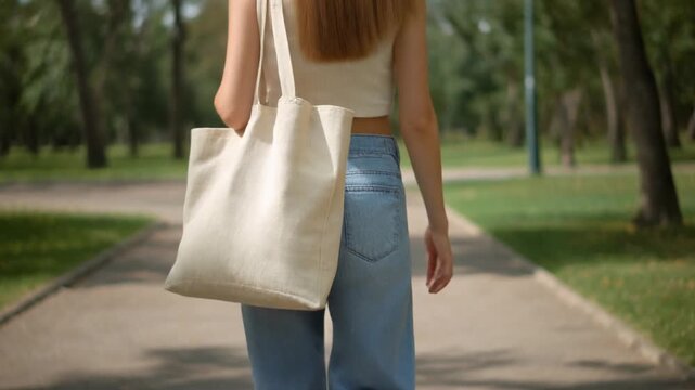 Back view of a woman wearing blue jeans and carrying a tote bag on her shoulder while walkin.