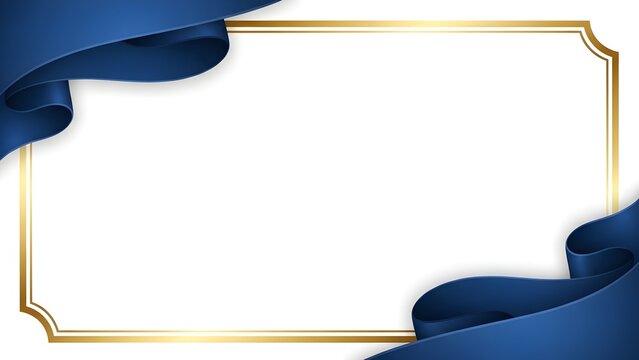 Elegant golden rectangular border design adorned with flowing deep blue satin ribbons situated in the upper left and lower right corners providing space for text.