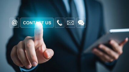 Professional Businessman Interacting with Contact Us Digital Menu for Enhanced Customer Relationship Management