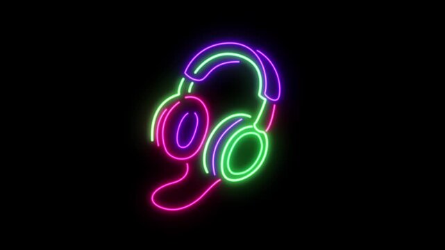 headphone neon icon glowing in black isolated background, flickering on and off, animated motion graphics icon