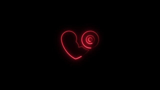 Neon heart with vinyl record glowing red broken symbol love music
