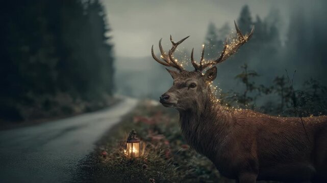 Majestic stag with glowing antlers in enchanted forest at dusk