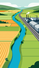 A winding river flows past agricultural fields and a factory complex