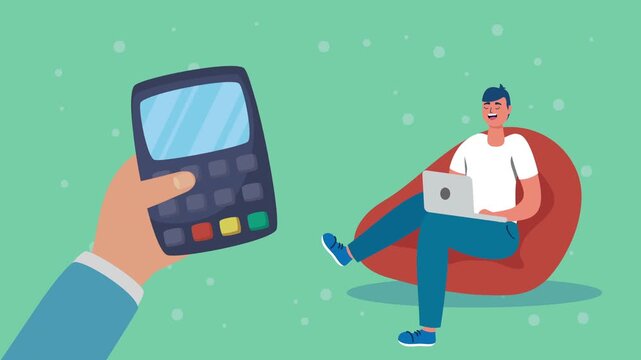 Man Working on Laptop Receives Contactless Payment from Handheld Device.