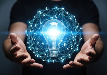 A person holding a glowing light bulb surrounded by a digital network, symbolizing innovation and bright ideas