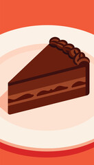 A slice of rich chocolate cake with frosting, on a plate, with a warm background