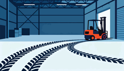 Forklift inside a warehouse, tire tracks visible on the floor