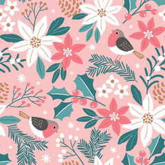 Seamless vector pattern with cute robin on winter floral background. Hand drawn Christmas foliage with poinsettia, berry and pine branch. Perfect for textile, wallpaper or nursery print design. © MirabellePrint