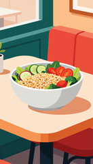 A vibrant, stylized bowl overflowing with grains and fresh vegetables sits on an orange table