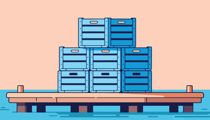 Stacked blue crates on a wooden pier over water