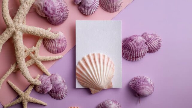 Elegant seashell arrangement on pastel background with blank card