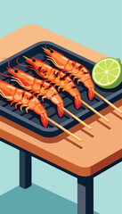 Grilled shrimp skewers and a lime slice on a grill, isolated on a light blue background
