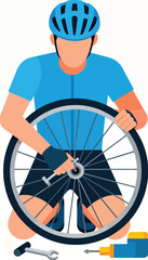 Cyclist wearing helmet, fixing bicycle wheel with tool, ready for ride