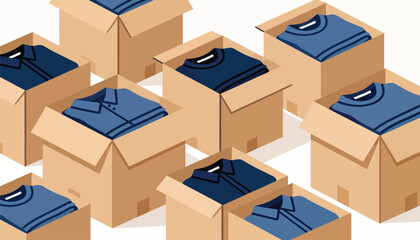 Stacked open cardboard boxes filled with neatly folded blue shirts