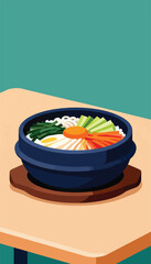 A colorful, stylized depiction of a stone bowl filled with rice, vegetables, and an egg yolk