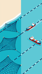 Cargo ships navigate an ocean alongside a series of nets near a sandy shore