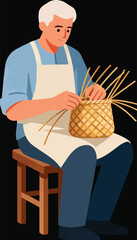 Elderly man weaving a basket on a stool