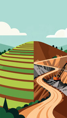 Lush green terraced fields transition into a stark, excavated quarry with heavy machinery