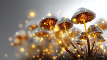Enchanted Fungi: A mesmerizing close-up of bioluminescent mushrooms emitting a soft, ethereal glow, captivating the imagination with their otherworldly beauty.
