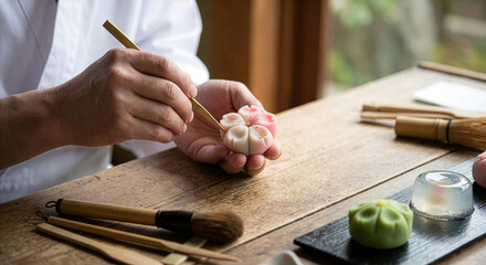 Close-up of traditional craftsman's hands finishing delicate Sakura (cherry blossom) Nerikiri Wagashi using a bamboo tool