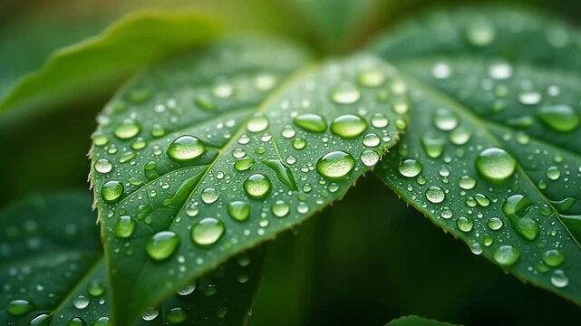 Daun hijau segar berkilauan dengan tetesan embun pagi