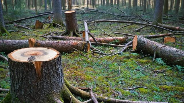 Cut tree trunks in forest. Stumps remain after logging. Deforestation affects eco system. 