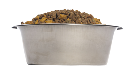 Dog food kibble in metal bowl with transparent background
