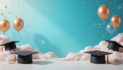  graduation caps background with confetti and balloons 