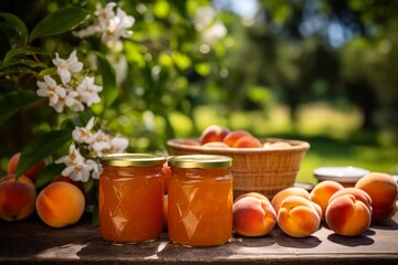 Naklejka premium Jars of fresh peach jam and ripe peaches arranged on a rustic table in a garden setting